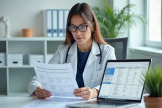 Administratrice de soins consultant des listes de contrôle pour un audit HAS dans un bureau clinique moderne