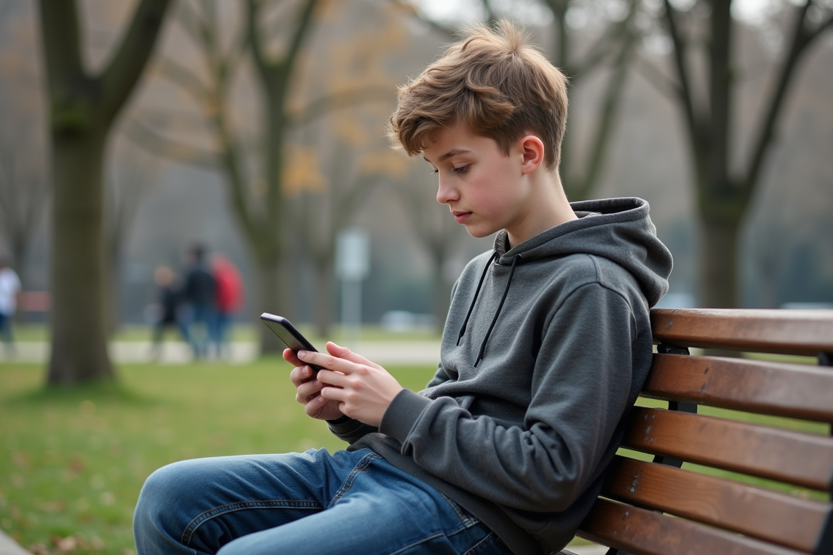 Adolescent utilisant son smartphone dans un parc urbain