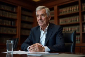 Portrait d'un expert institutionnel assis à une table de réunion formelle, illustrant un article sur Alain Bauer et les rumeurs concernant sa santé