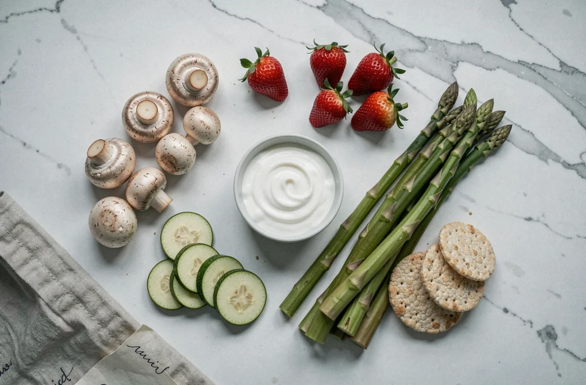 Vue de dessus d'une sélection d'aliments peu caloriques sur marbre pour stabiliser son poids après un régime