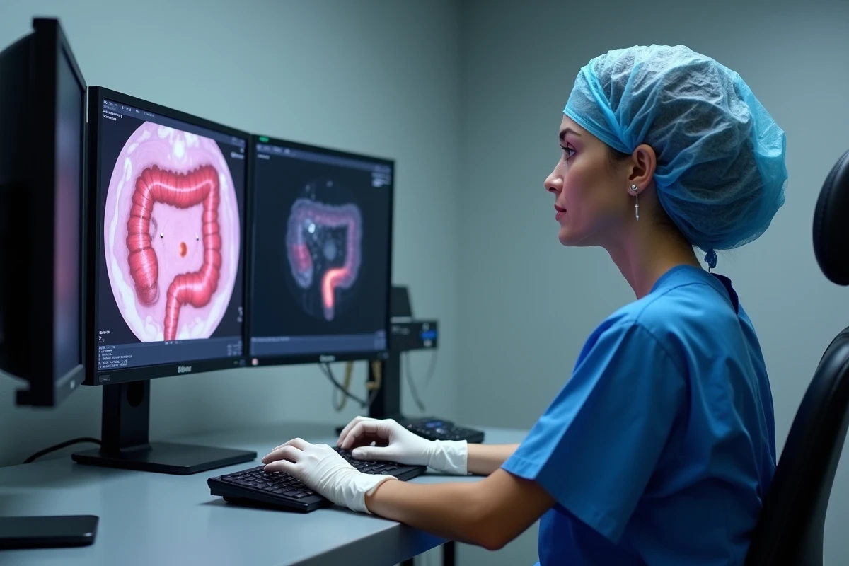 Gastroentérologue analysant une image de coloscopie montrant un polype sur la paroi du côlon