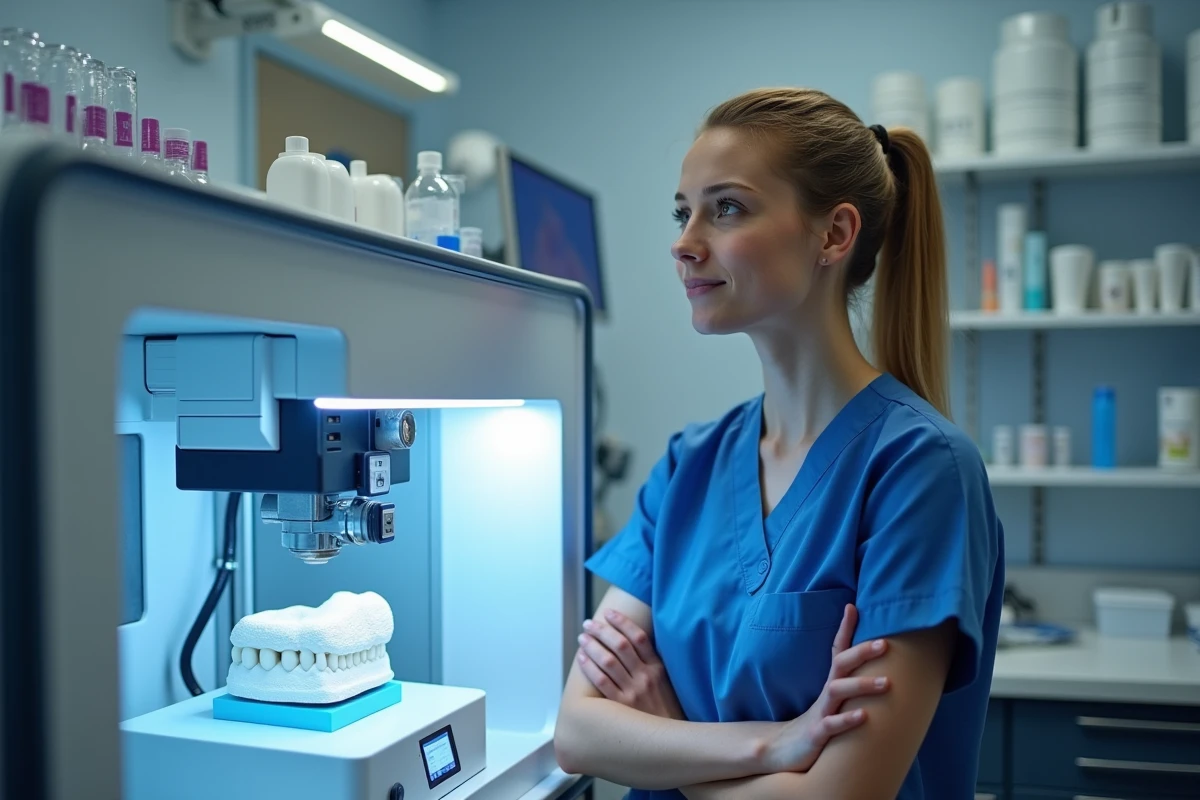 Assistante dentaire observant une imprimante 3d en action