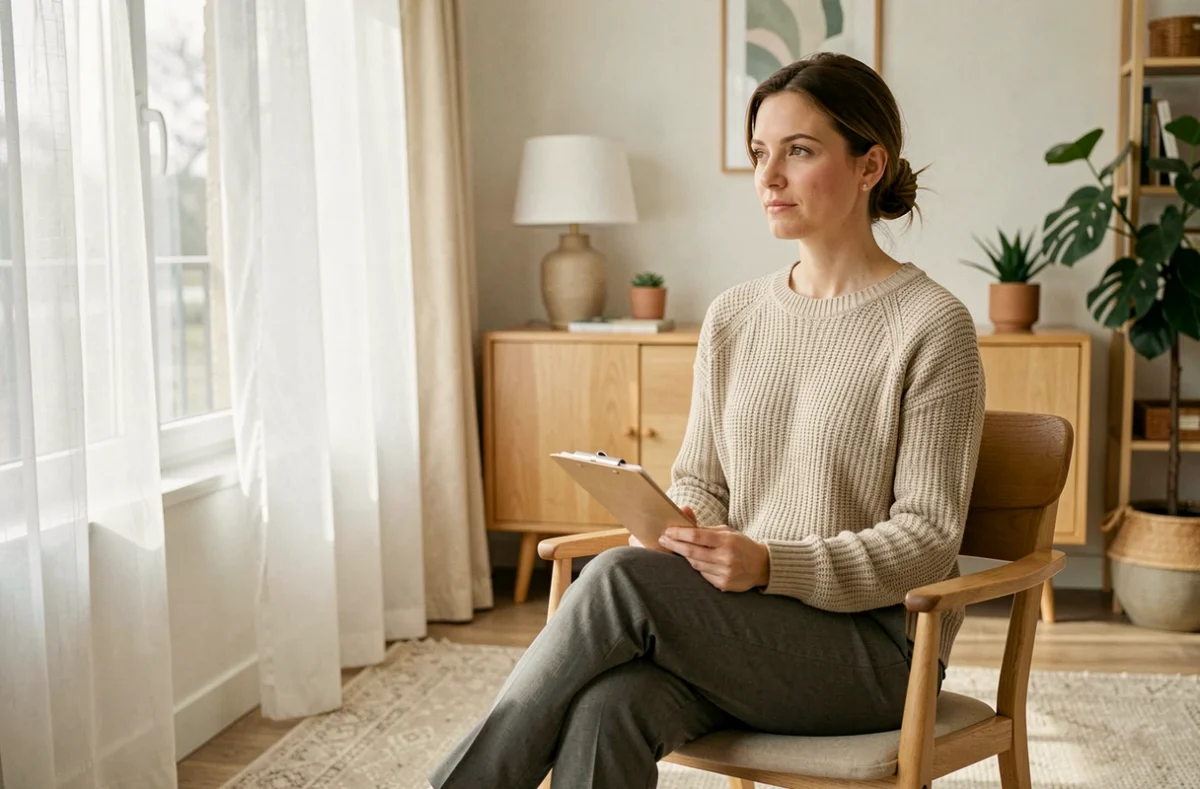 Aude Plessier, psychologue à Carquefou, assise dans son cabinet près d'une fenêtre avec une expression attentive et apaisante