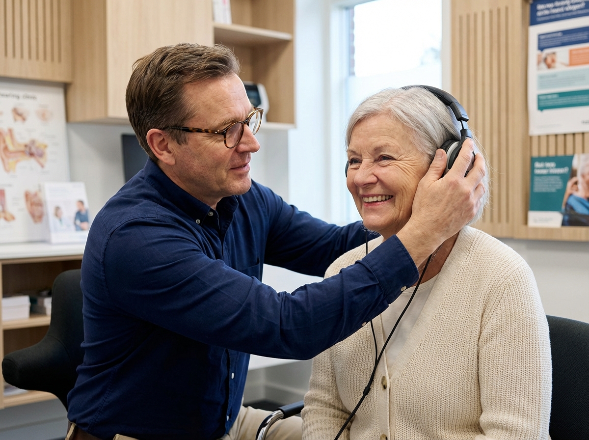 Audiologiste aidant une senior en clinique d'audition