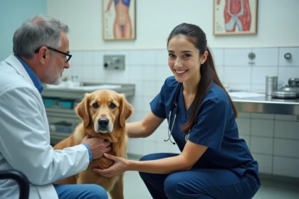 Auxiliaire vétérinaire en alternance tenant un golden retriever sur une table d'examen dans une clinique vétérinaire