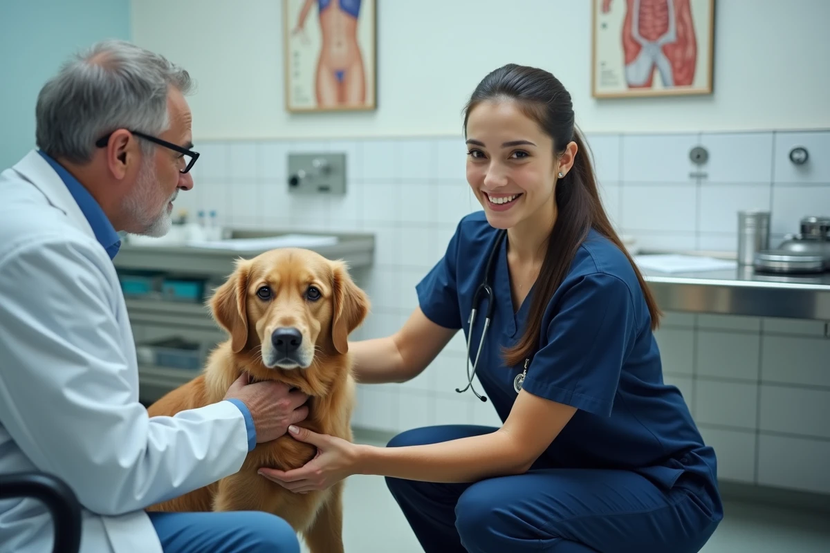Auxiliaire vétérinaire en alternance tenant un golden retriever sur une table d'examen dans une clinique vétérinaire