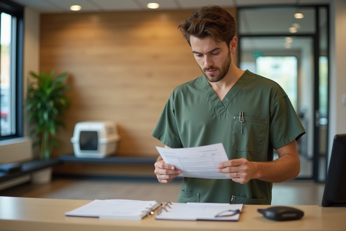 Jeune auxiliaire vétérinaire masculin consultant un contrat professionnel à l'accueil d'une clinique vétérinaire
