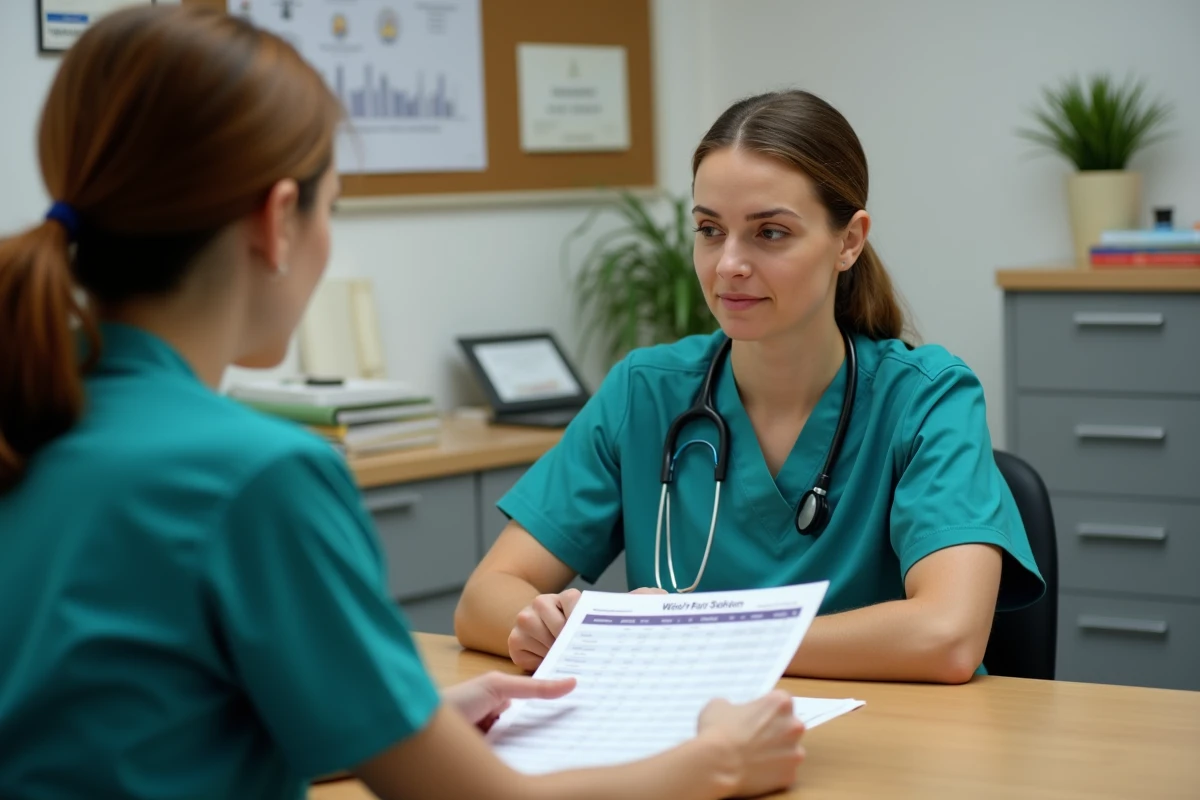 Auxiliaire vétérinaire en premier CDI discutant de son salaire avec le responsable d'une clinique vétérinaire