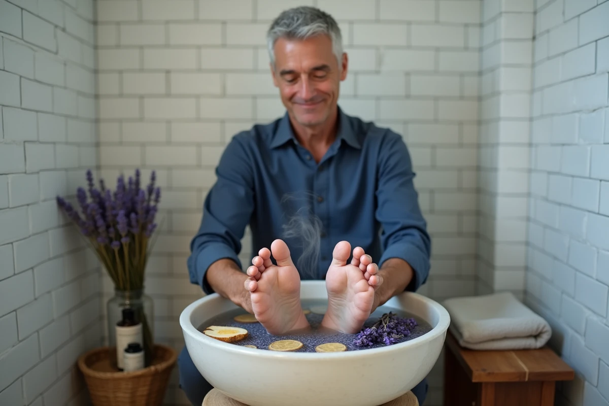 Homme faisant un bain de pieds aux herbes naturelles pour améliorer la circulation sanguine et réduire les fourmillements des pieds
