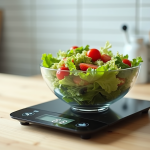 Balance de cuisine affichant kJ et kcal avec salade fraîche