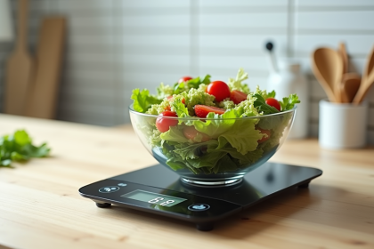 Balance de cuisine affichant kJ et kcal avec salade fraîche