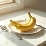 Banane mûre sur assiette blanche dans une cuisine lumineuse