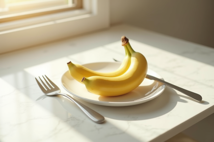 Banane mûre sur assiette blanche dans une cuisine lumineuse