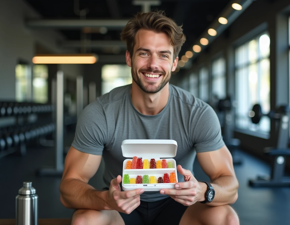 Homme tenant un pilulier rempli d'oursons gélifiés vitamines dans une salle de sport moderne