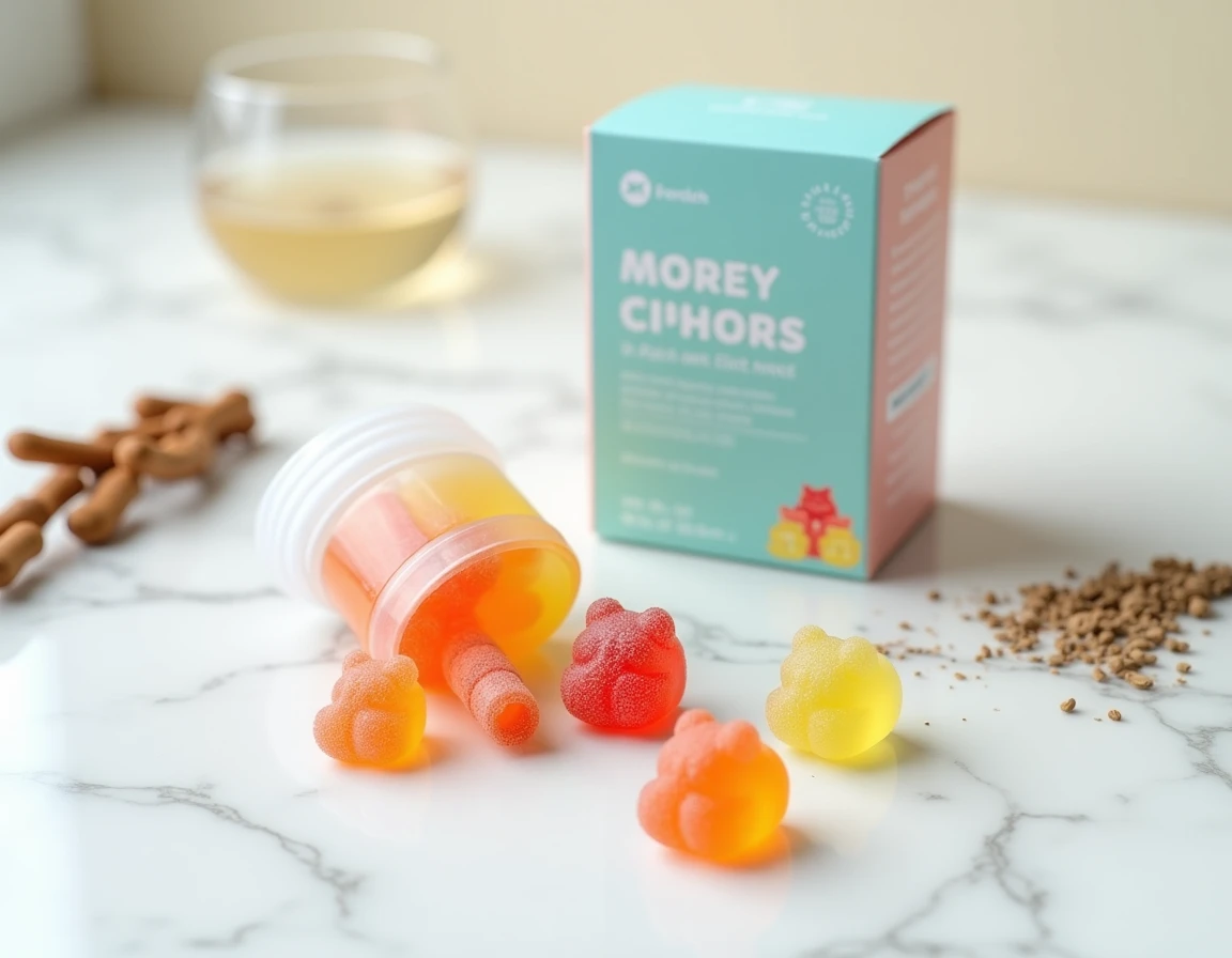 Oursons gélifiés colorés Bears with Benefits disposés sur un plan de travail en marbre avec leur packaging