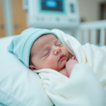Nouveau-ne endormi dans un lit d'hôpital avec couverture blanche