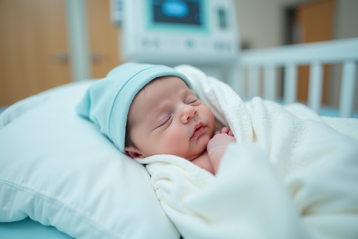 Nouveau-ne endormi dans un lit d'hôpital avec couverture blanche
