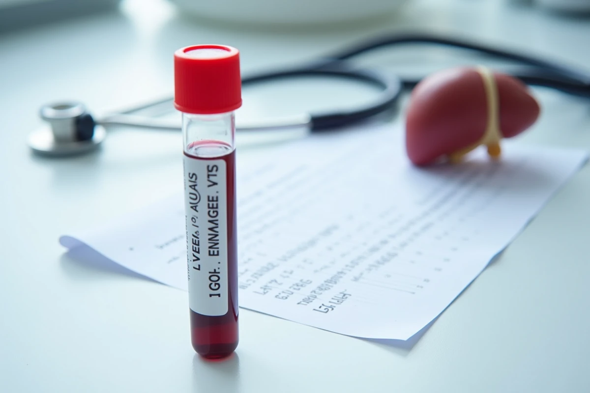 Tube de prise de sang, bilan hépatique et modèle de foie sur une table de laboratoire médical