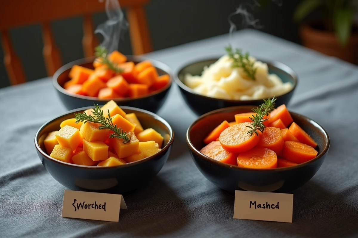 Quatre bols en céramique contenant du butternut rôti, des pommes de terre cuites, de la purée de patate douce et des carottes vapeur pour comparer leurs calories
