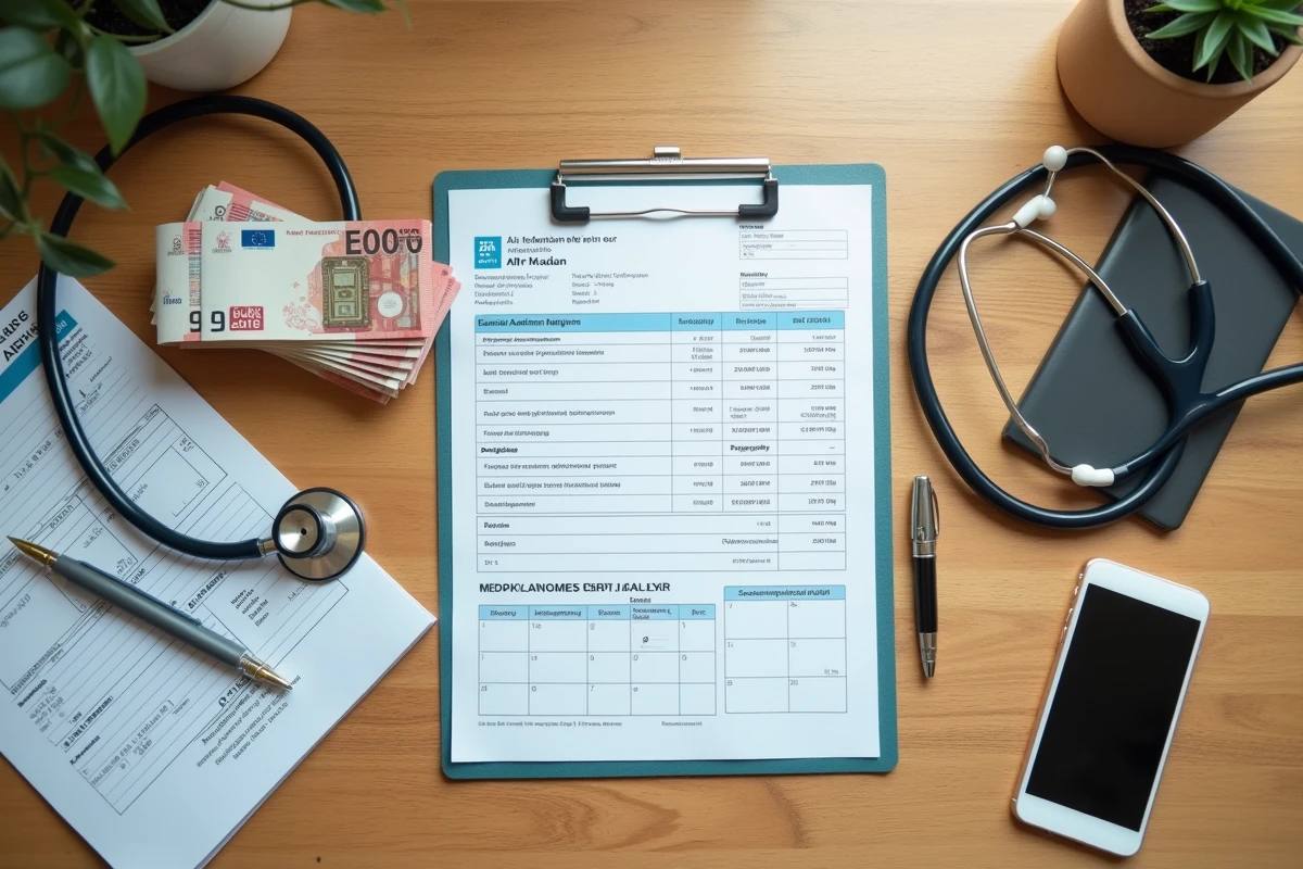 Vue aérienne d'un bureau médical avec stéthoscope, billets d'euros et documents de facturation chirurgicale