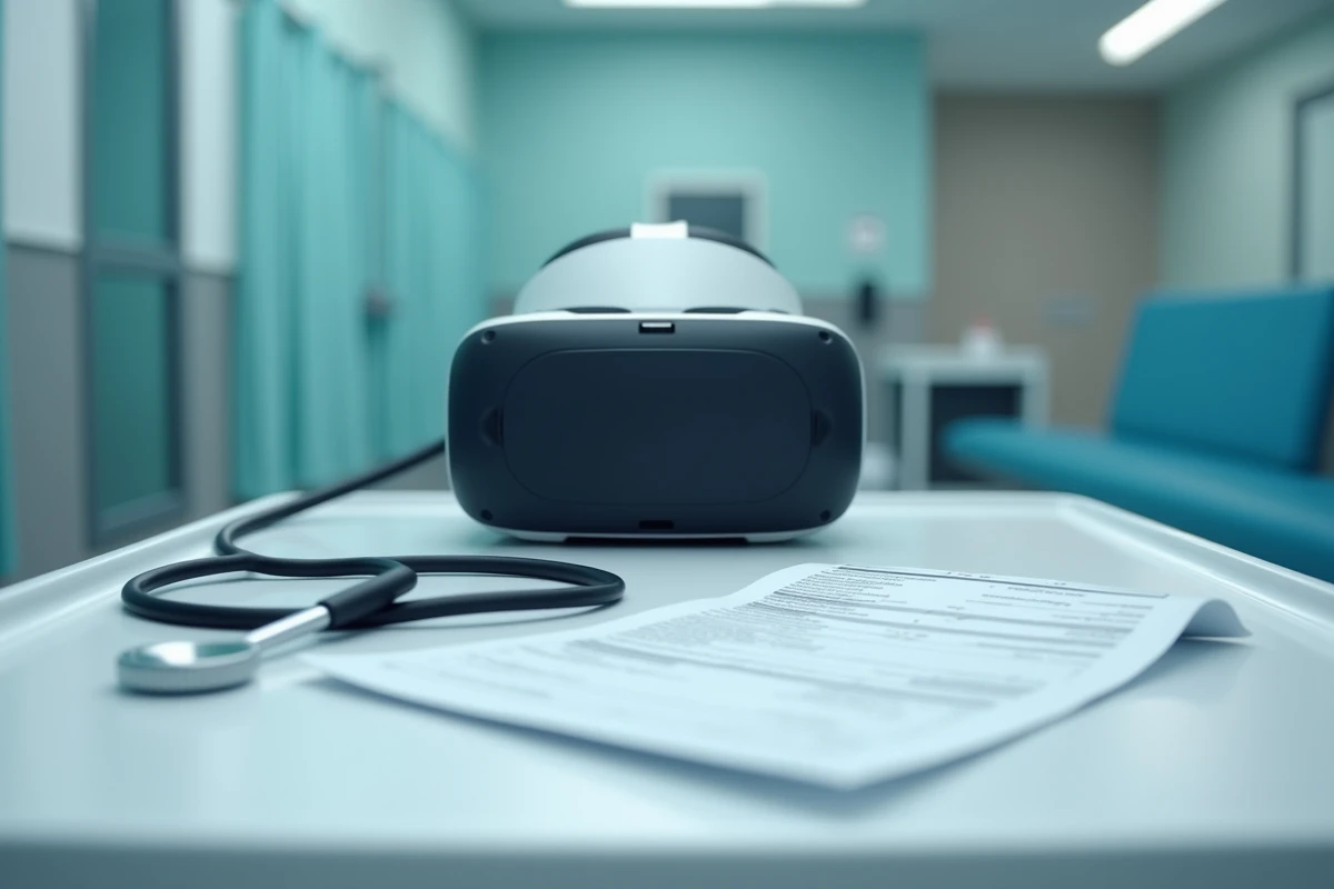 Casque de réalité virtuelle thérapeutique posé sur un plateau médical avec une facture dans une salle de consultation hospitalière