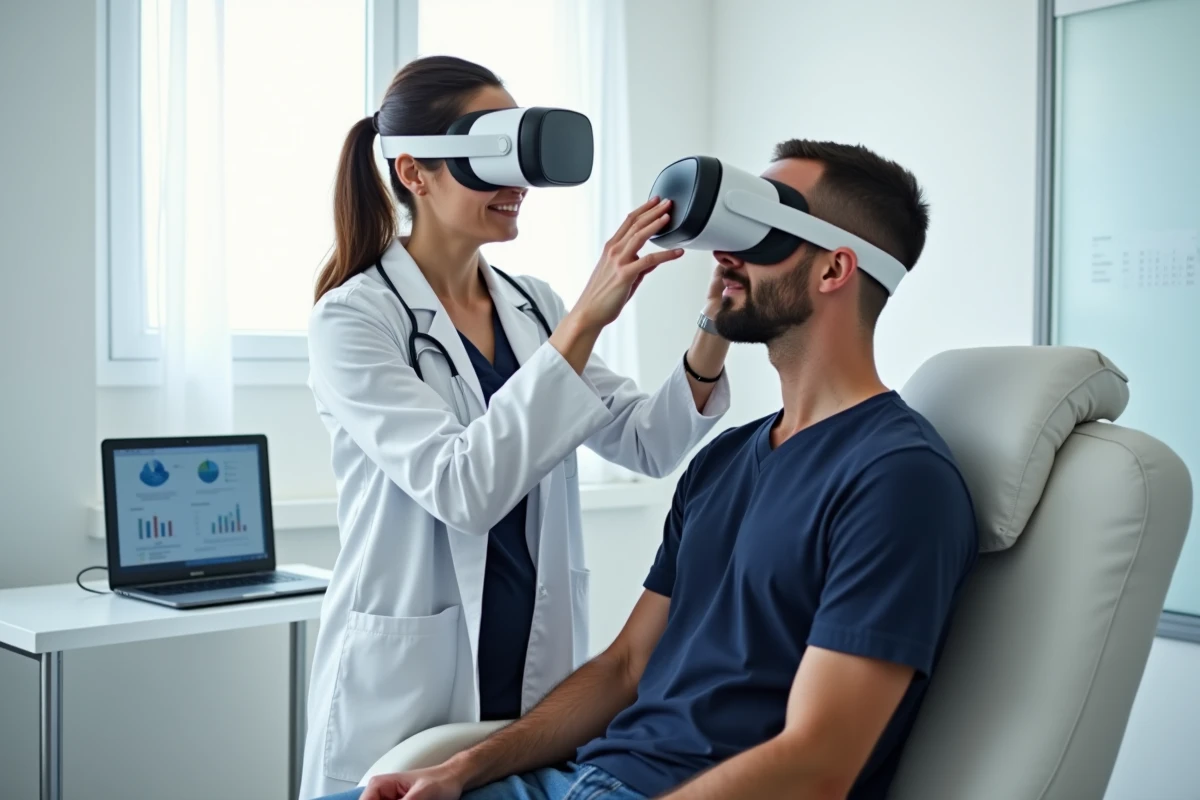Professionnelle de santé aidant un patient à porter un casque de réalité virtuelle thérapeutique en cabinet médical