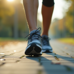 Chaussures de sport en marche sur un chemin pavé en extérieur