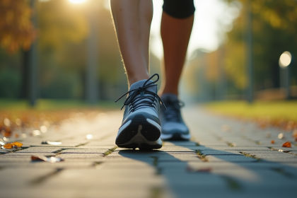 Chaussures de sport en marche sur un chemin pavé en extérieur