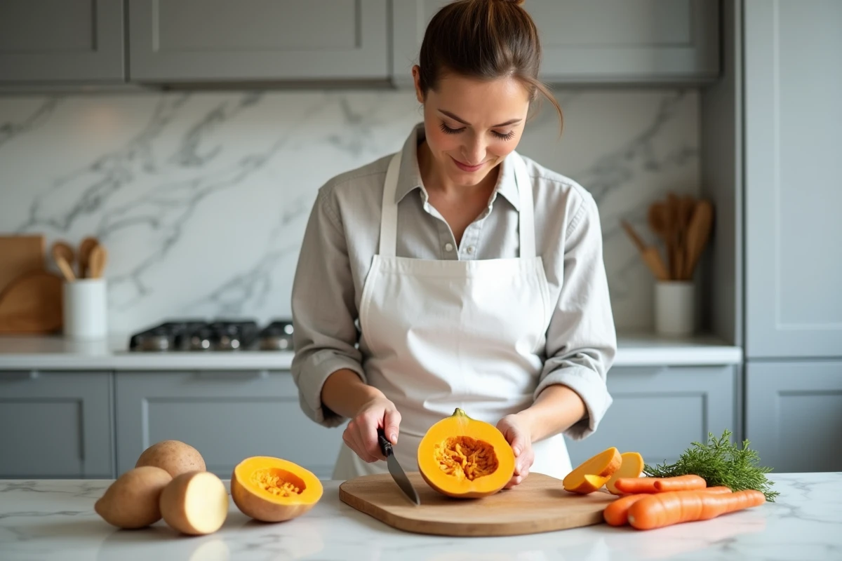 Cheffe cuisinière coupant une butternut à côté d'une patate douce, de pommes de terre et de carottes sur un plan de travail en marbre