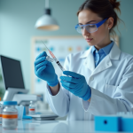 Chercheur en laboratoire tenant une seringue de vaccin lumineux