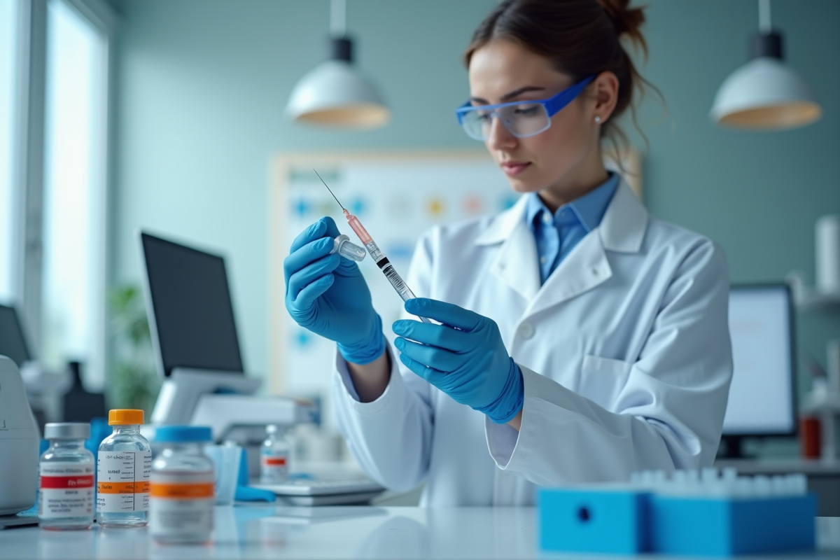 Chercheur en laboratoire tenant une seringue de vaccin lumineux
