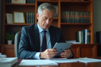 Chirurgien en costume assis à son bureau de consultation privée examinant des documents financiers et médicaux