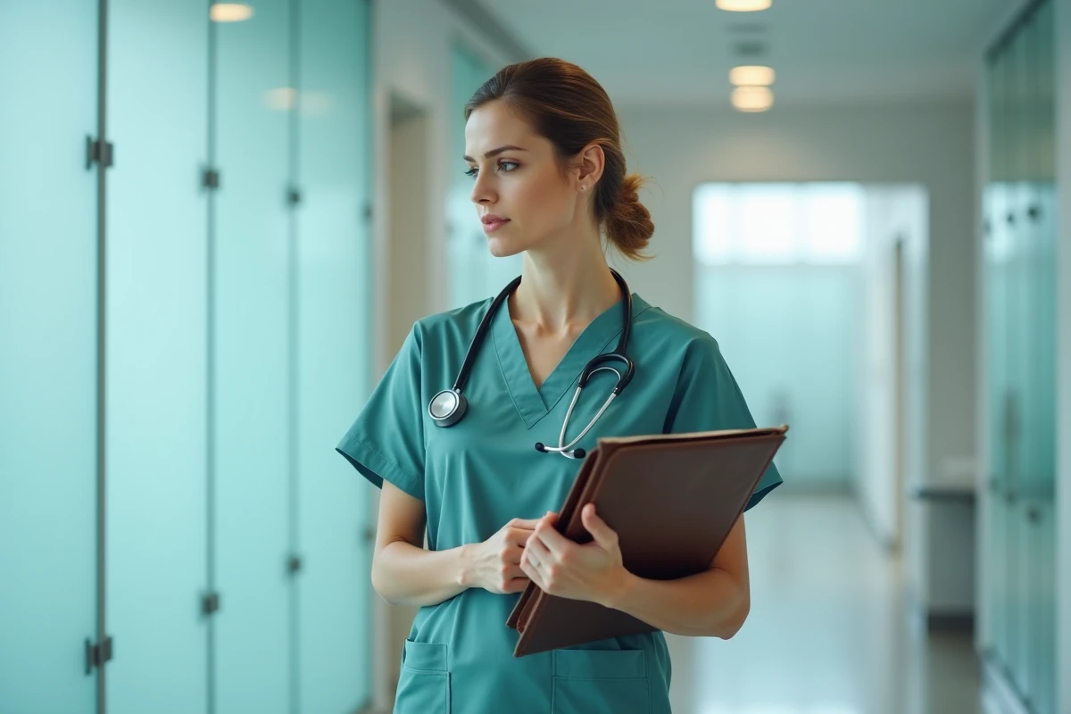 Chirurgienne en tenue médicale dans le couloir d'une clinique privée tenant un dossier professionnel