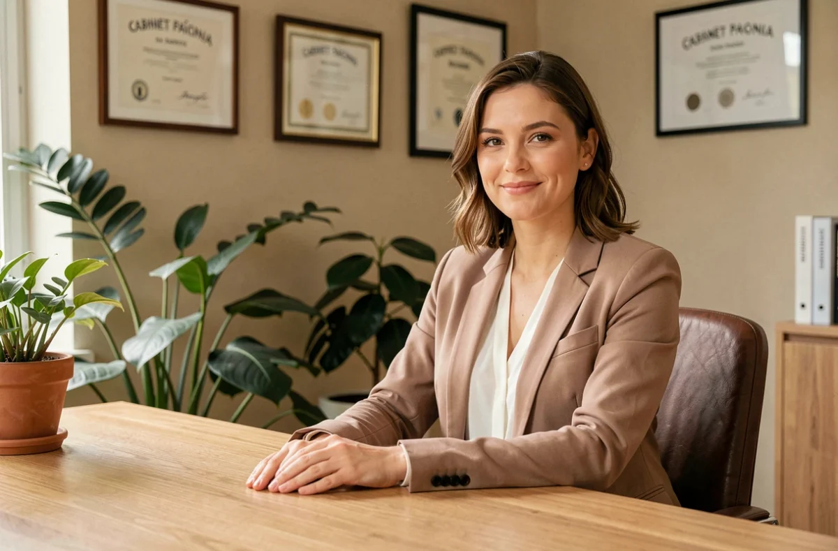 Chloé Monchaux, psychologue au Cabinet Païonia à Nantes, assise à son bureau dans un cabinet professionnel et chaleureux