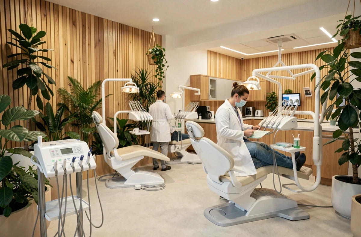 Intérieur moderne de la Clinique dentaire Bordeaux Ginko - Biodent avec design biophilique et équipe dentaire