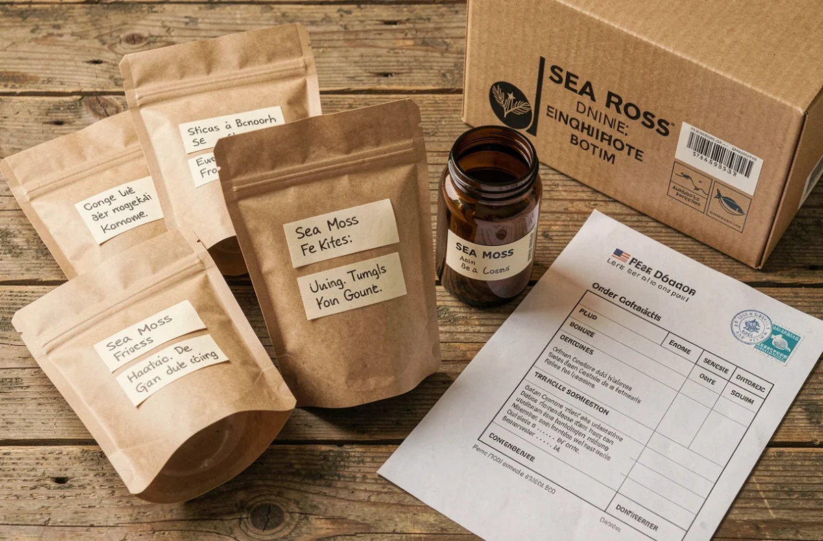 Commande en ligne de produits sea moss emballés dans des pochettes kraft et pots en verre ambré prêts à être expédiés en France