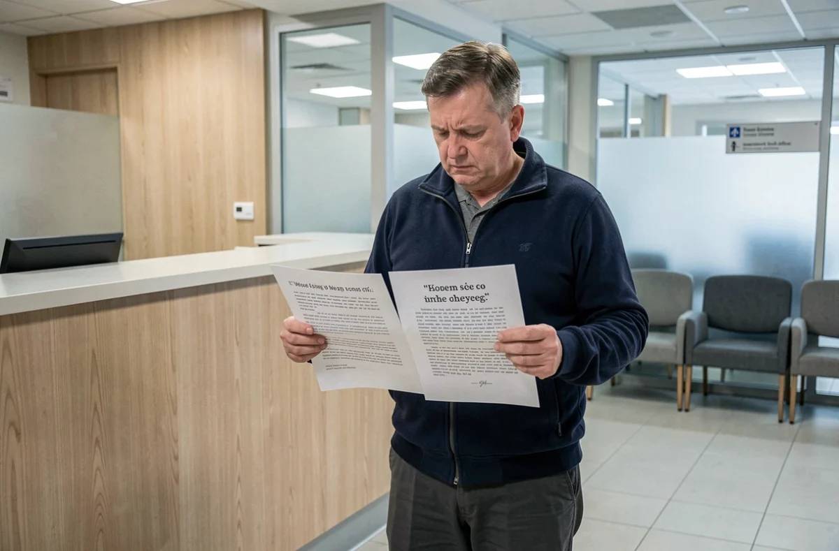Patient comparant deux devis de TEP-scan dans le couloir d'un établissement hospitalier français