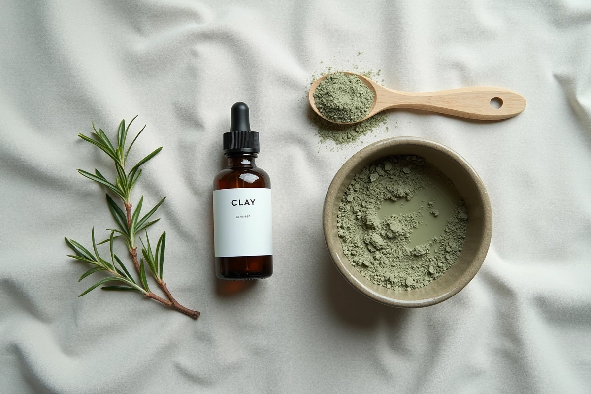 Comparaison entre Phytargile en flacon de pharmacie et argile verte en poudre maison sur fond lin