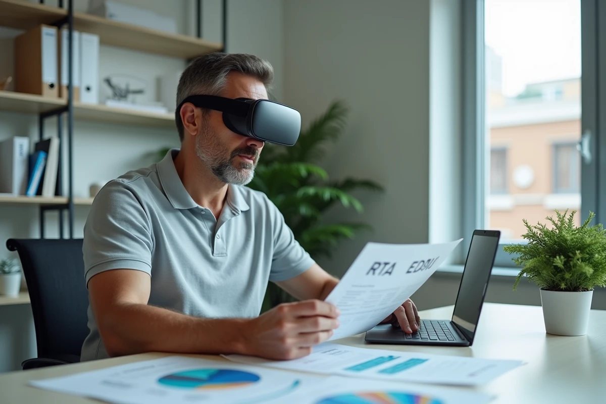 Thérapeute comparant les prix de casques VR thérapeutiques sur tablette et brochures dans un bureau médical