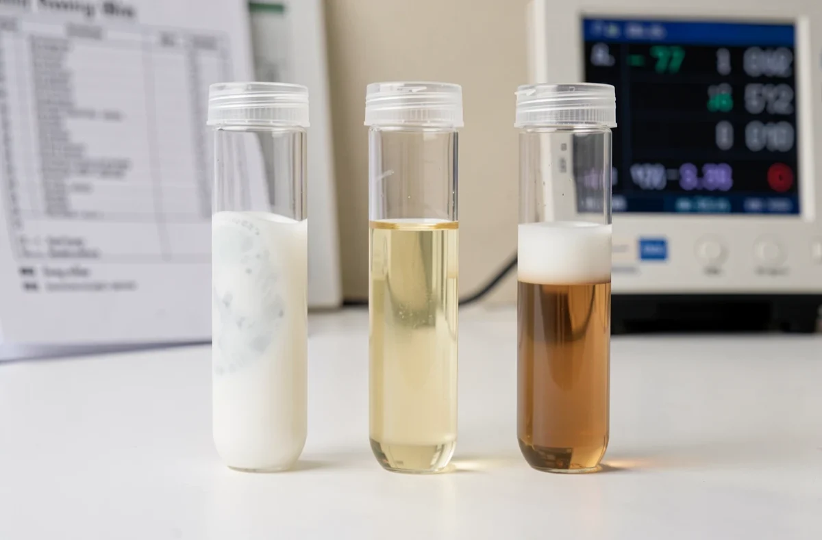 Comparaison de tubes de sérum sanguin normal et opalescent lipémique sur paillasse de laboratoire médical