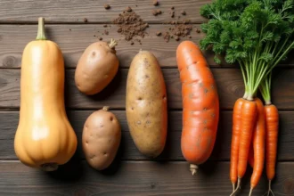 Comparatif des légumes racines : butternut, pomme de terre, patate douce et carotte posés sur une table en bois rustique, vue de dessus