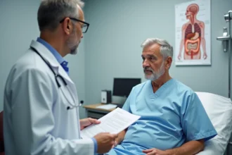Patient âgé consultant un gastroentérologue pour discuter du risque de polype colorectal et de cancer du côlon