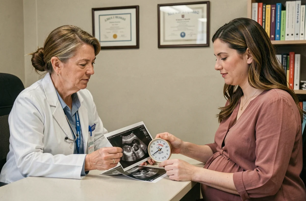 Gynécologue et femme enceinte consultant une échographie et une roue obstétricale pour calculer la date d'accouchement