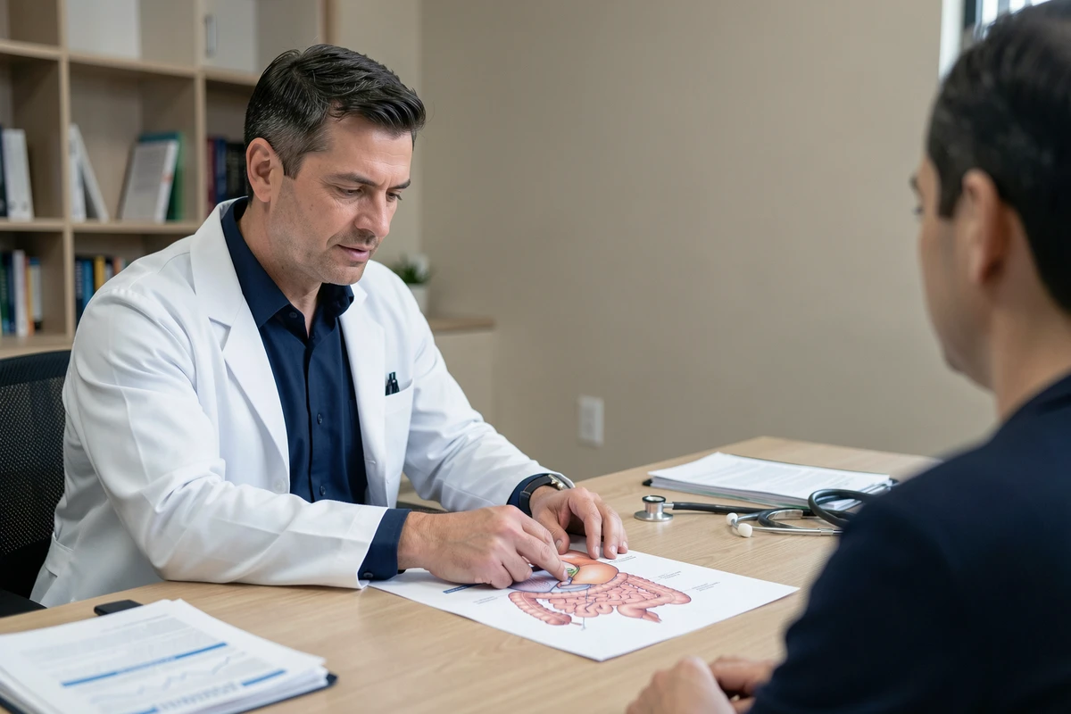 Médecin expliquant un schéma du système digestif à un patient dans un cabinet médical, consultation sur le cancer digestif
