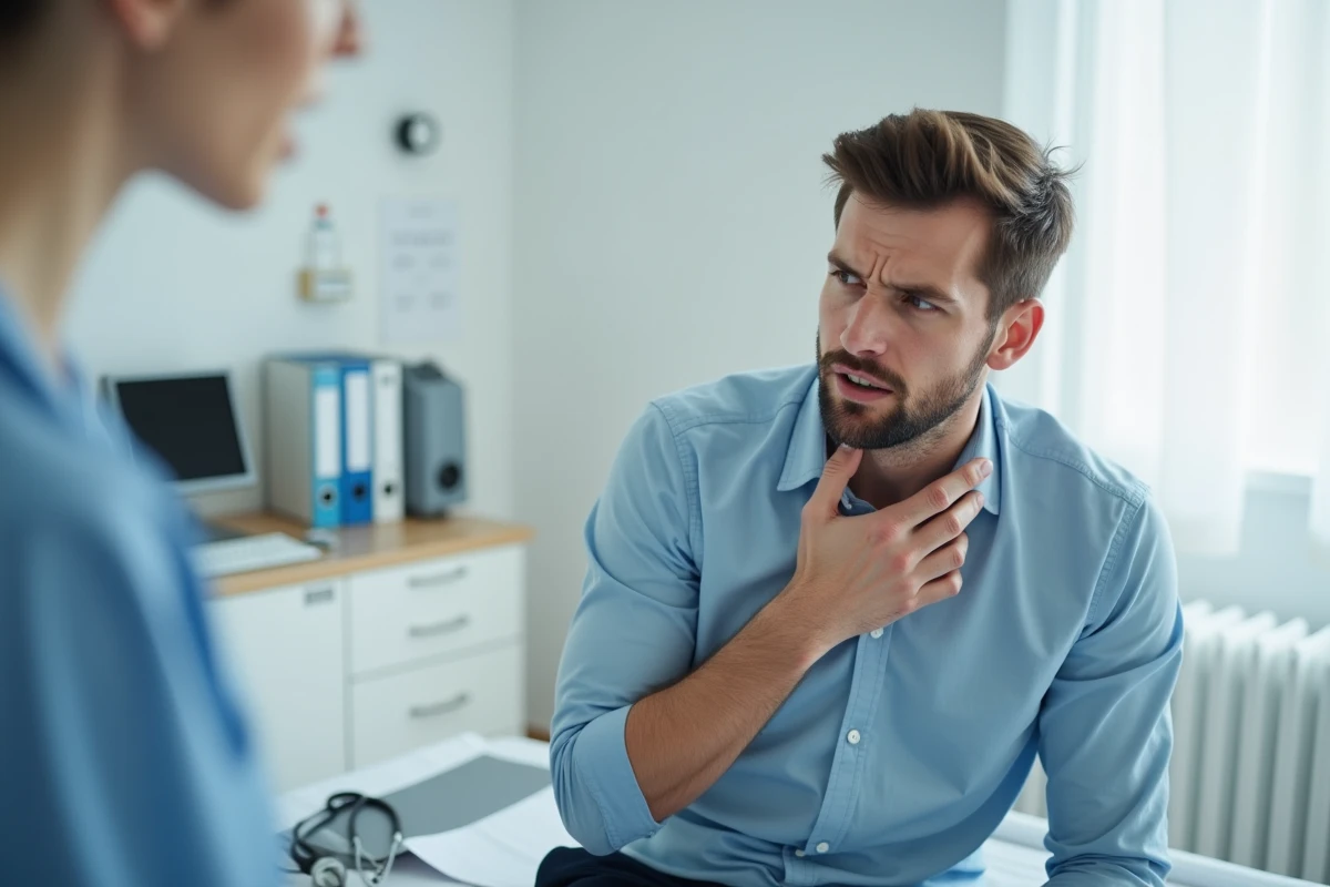 Jeune homme consulte un médecin pour des quintes de toux nocturnes répétées, assis sur une table d'examen dans un cabinet médical