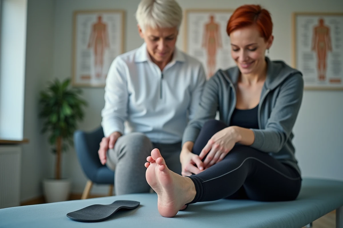 Femme en consultation podologique avec des semelles orthopédiques pour pied plat posées sur la table d'examen dans une clinique sportive