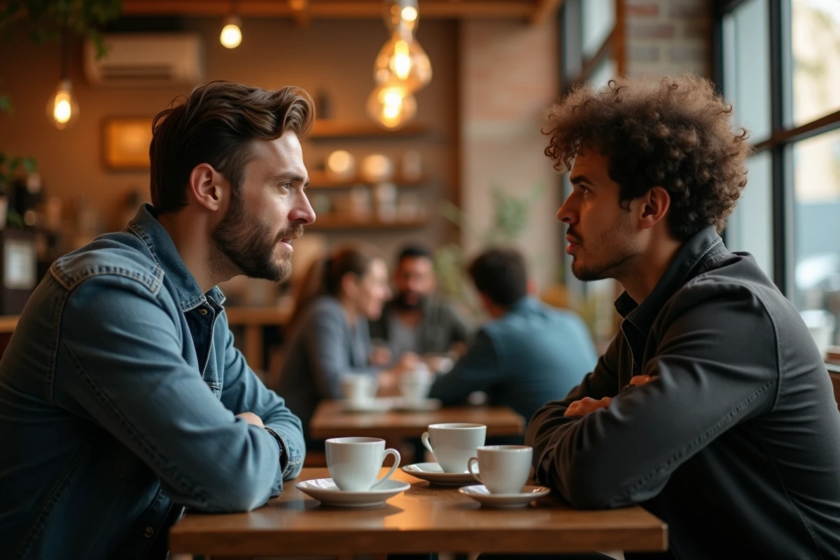 Deux personnes dans un café lors d'une conversation déséquilibrée illustrant la dynamique d'un pompeur d'énergie face à sa victime