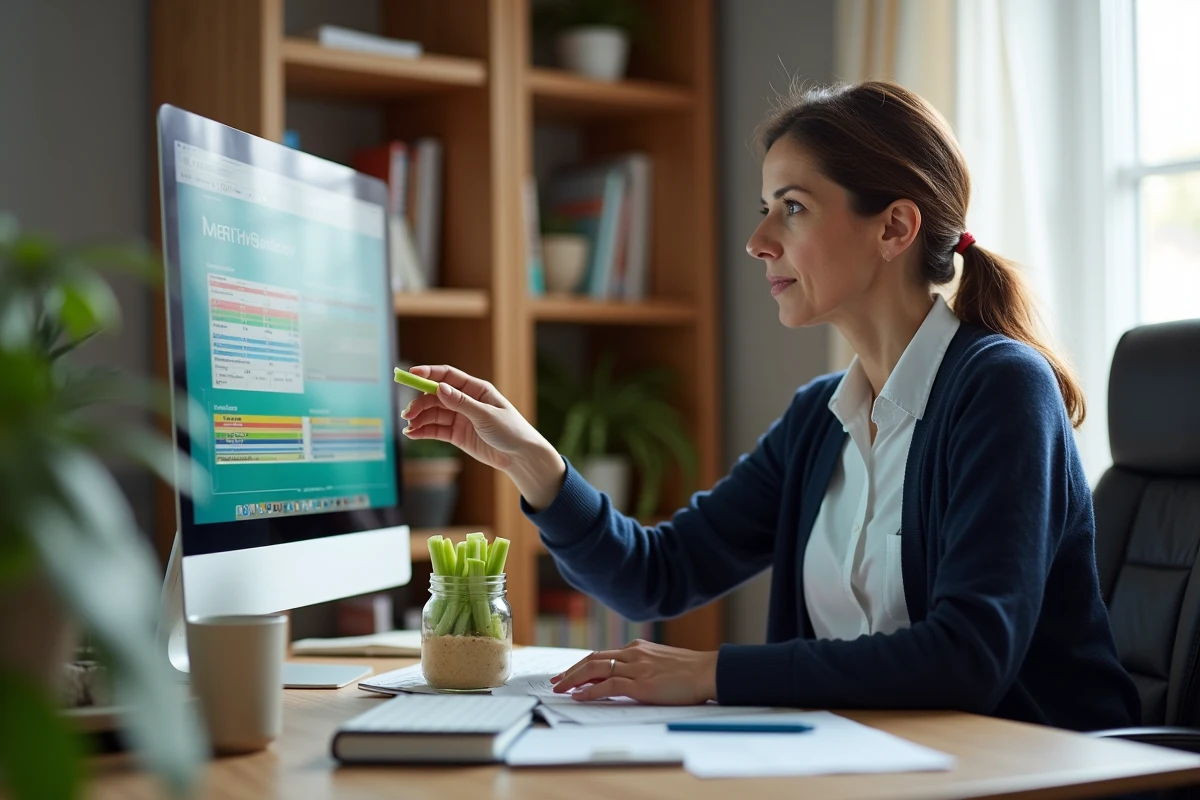 Femme en télétravail qui mange des bâtonnets de légumes et du houmous devant son écran d'ordinateur