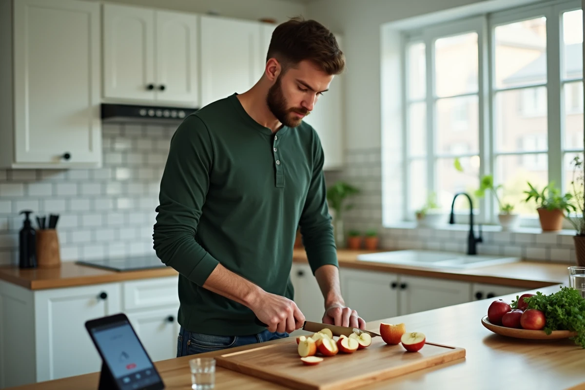 Homme qui prépare des tranches de pomme comme coupe-faim sain dans une cuisine moderne