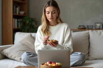 Femme qui grignote des fruits secs dans un bol en bois devant son ordinateur portable dans un salon cosy